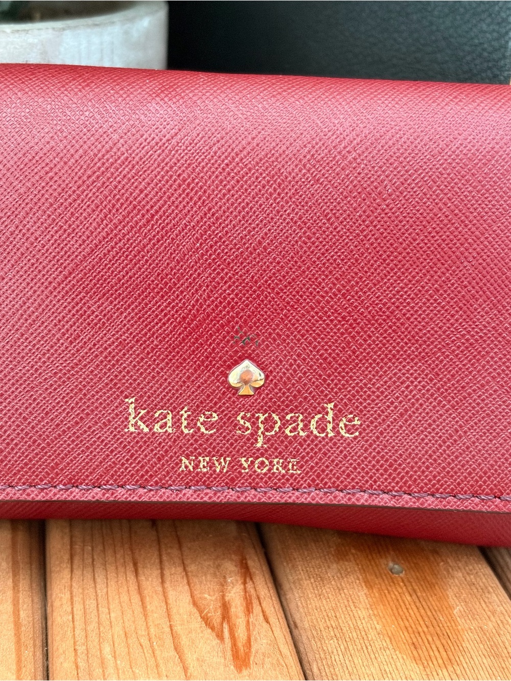 Kate Spade, Dark Cherry Red Saffiano Leather Key Card Wallet, Polka Dot Interior - Picture 3 of 8